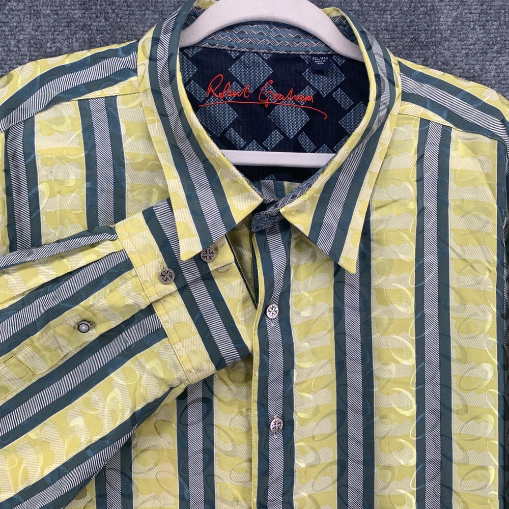 Robert Graham Button Down Mens 4XL Yellow Green Silk Blend Striped Excellent RG